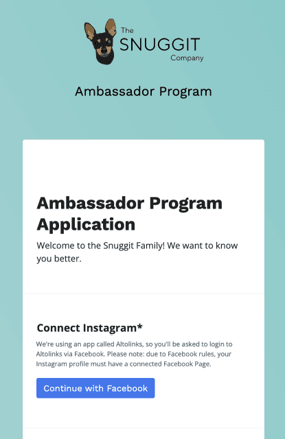 Altolinks's influencer application form enables you to easily onboard your followers and customers as influencers, and verify their audience demographics.